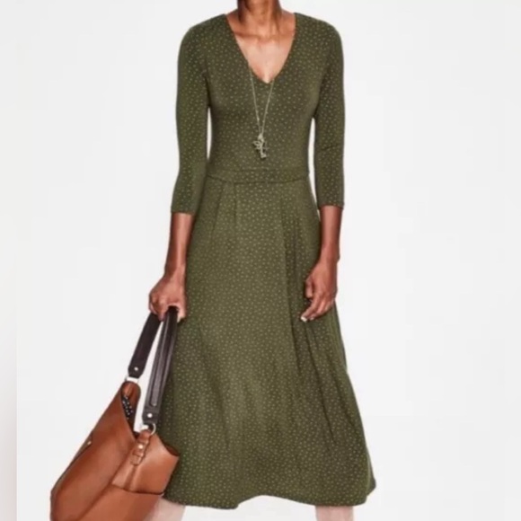 Boden Dress Green Gold Polka Dot Viscose Jersey Knit V Neck Pleated Midi Size 4 - Picture 1 of 9